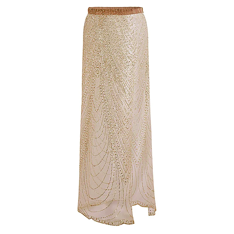 Saia Boho Longa Transparente Feminina, Saia Maxi de Lantejoulas, Saia de Malha Dividida, Dourado, Prata, Solto, Sexy, Festa, Verão, Sexy, 2024