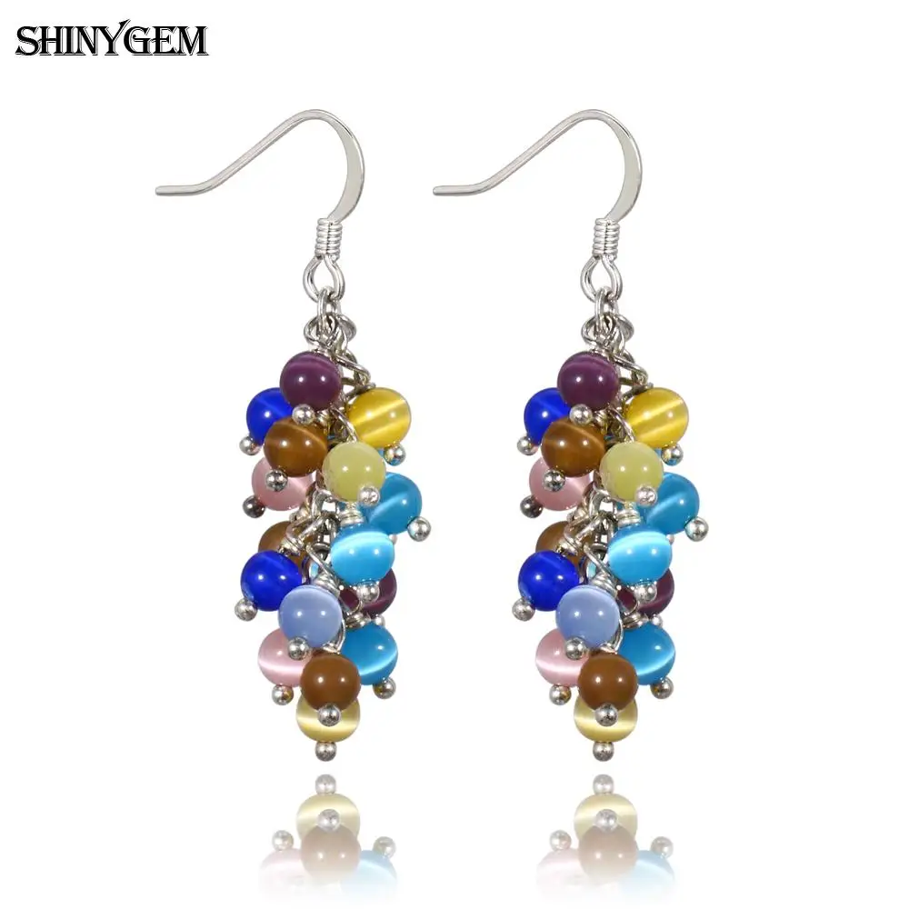 

ShinyGem Fashion Multicolor 4mm Round Cat Eye Stone Bead Earrings Cute Grape Dangle Drop Long Earrings For Women Wedding Gifts