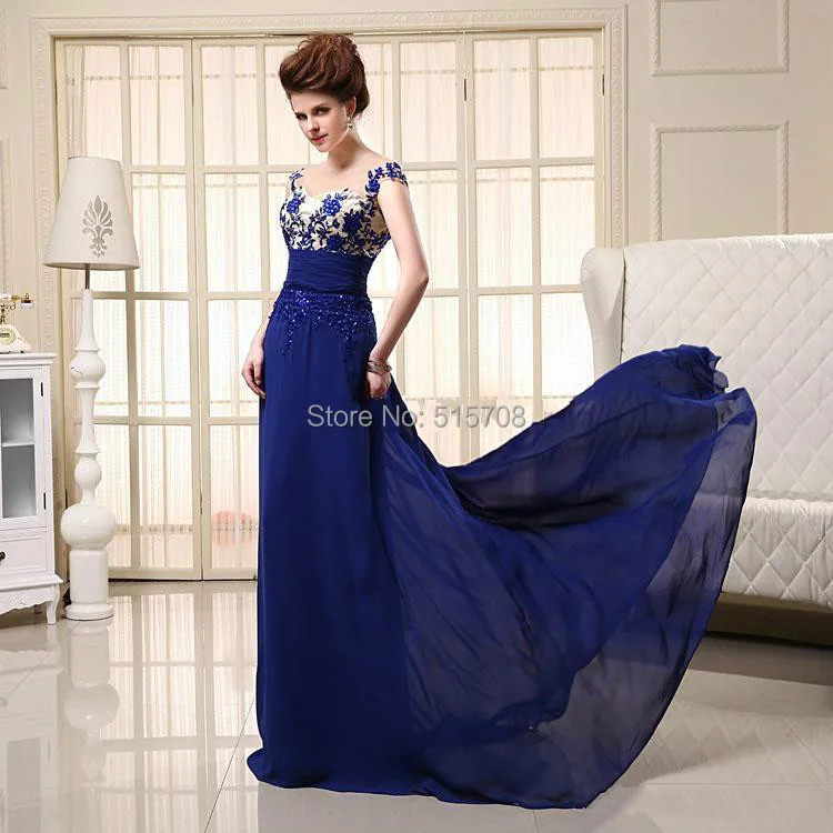 

HIgh Quality Royal Blue Applique Sheer Neck Backless A line Sweep Train Sash Bodice Sequins Empire Long Prom Gown Evening Dress