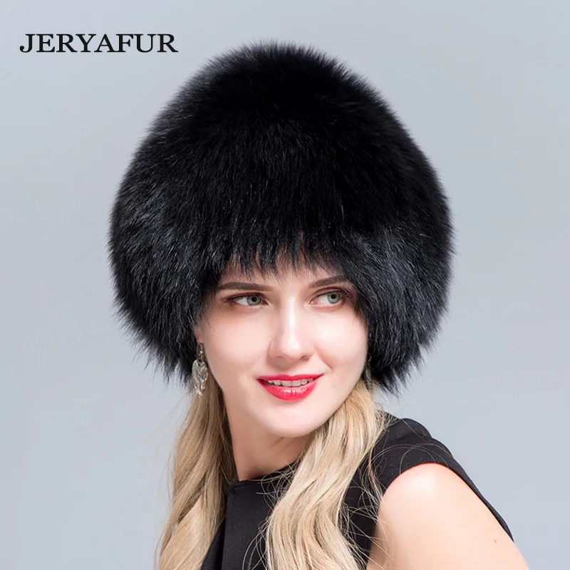 JERYAFUR  NEW Bomer Caps Women Winter Fur Hat Genuine Fox Fur Hats Knitted Silver Fox Fur Caps Female