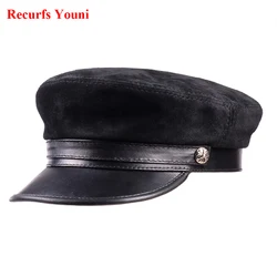 RY924 Spring Genuine Leather Suede Hats For Men/Women Unisex Navy Caps With Metal Belt Brown/Purple Leisure Flat Cap Xmas Gift