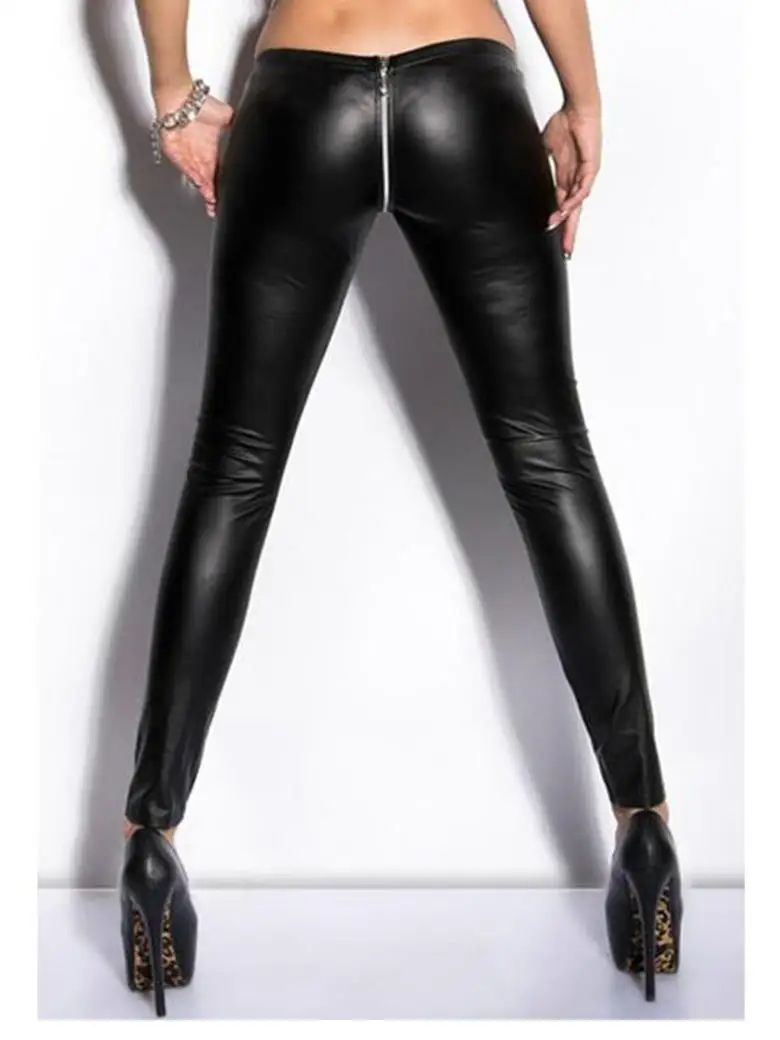 2017 schwarz Neue Hosen Frauen Sexy Reißverschluss Vinyl Leder-leggings Hohe Qualität Niedriger Taille Kunstleder Flexible Leggings Hosen WT9047