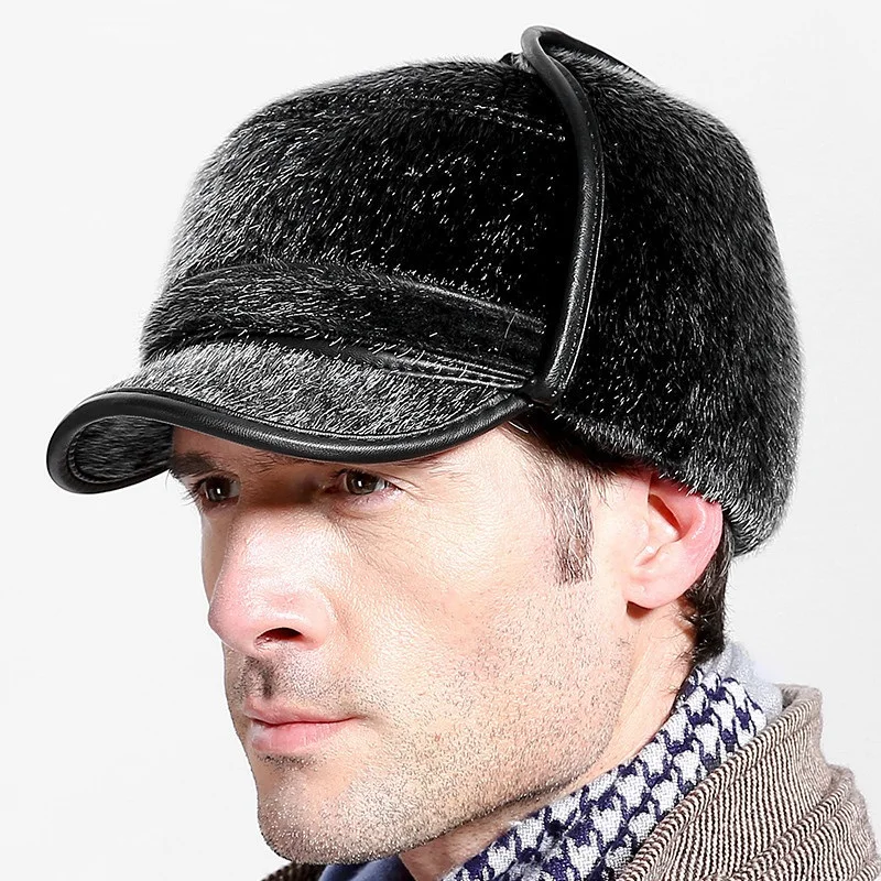 Men\'s fur Baseball Cap for Men Winter Warm Wear Hat for Male Earmuffs Hat with Ear Flap Russian Cap Ear Protection  B-7221