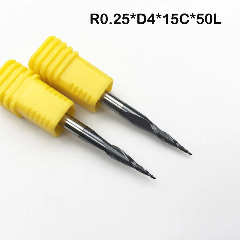 2pcs R0.25*D4*15*50L*2F HRC55 Tungsten solid carbide Taper Ball Nose End Mill cone milling cutter cnc router bit wood knife tool