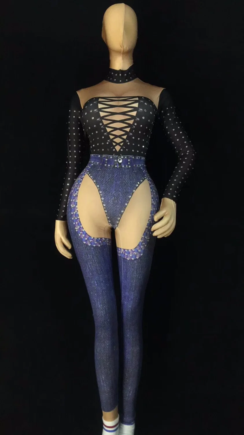 

Sexy Jeans Printed Jumpsuit Photo Shoot Outfit Stage Dance Stretch Bodysuit One-piece Costume Female Singer Performance Leggings