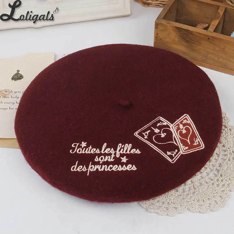 Sweet Women\'s Lolita Beret Wool Embroider Beret Hat Warm Winter Berets