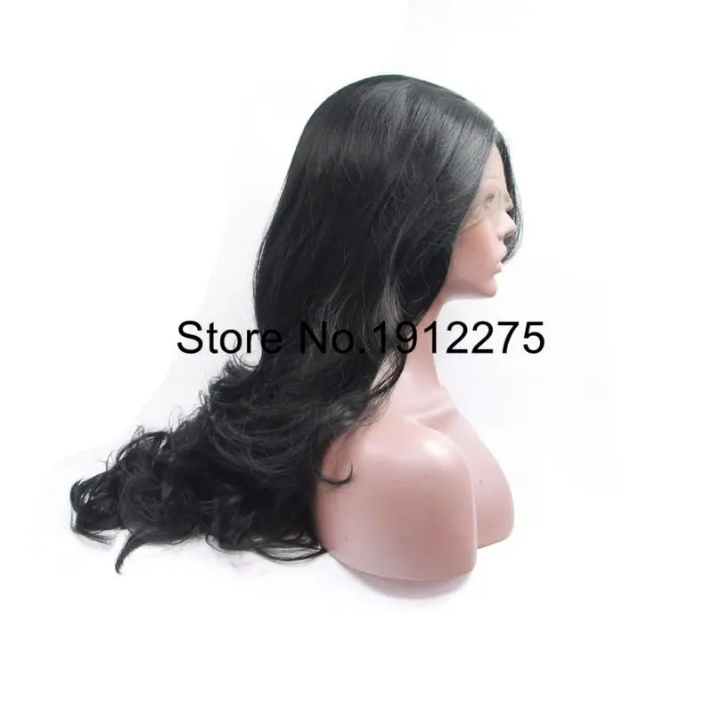 Sylvia Long Black Body Wave Hair Side Bangs 1B Synthetic Lace Front Wig For Black Women Heat Resistant Hair Wig Half Hand Tied