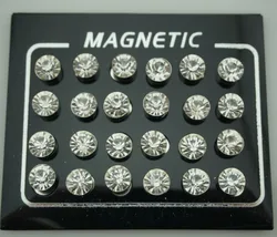 12 Pair(24pcs)/lot 3/4/5/6/7mm Round Crystal Rhinestone Magnet Stud Earring Puck Womens Mens Magnetic Fake Ear Plug Jewelry