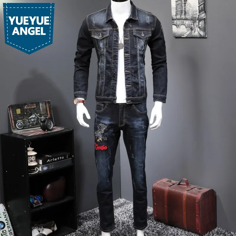 Spring New Fashion Men\'s 2 Piece Sets Vintage Embroidery Long Sleeve Slim Denim Jacket Coats And Jeans Pants Man Clothes