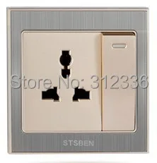 free shipping  international standard 3 Holes Socket  with switch Wall Outlet Power Stainless drawbench champagne gold