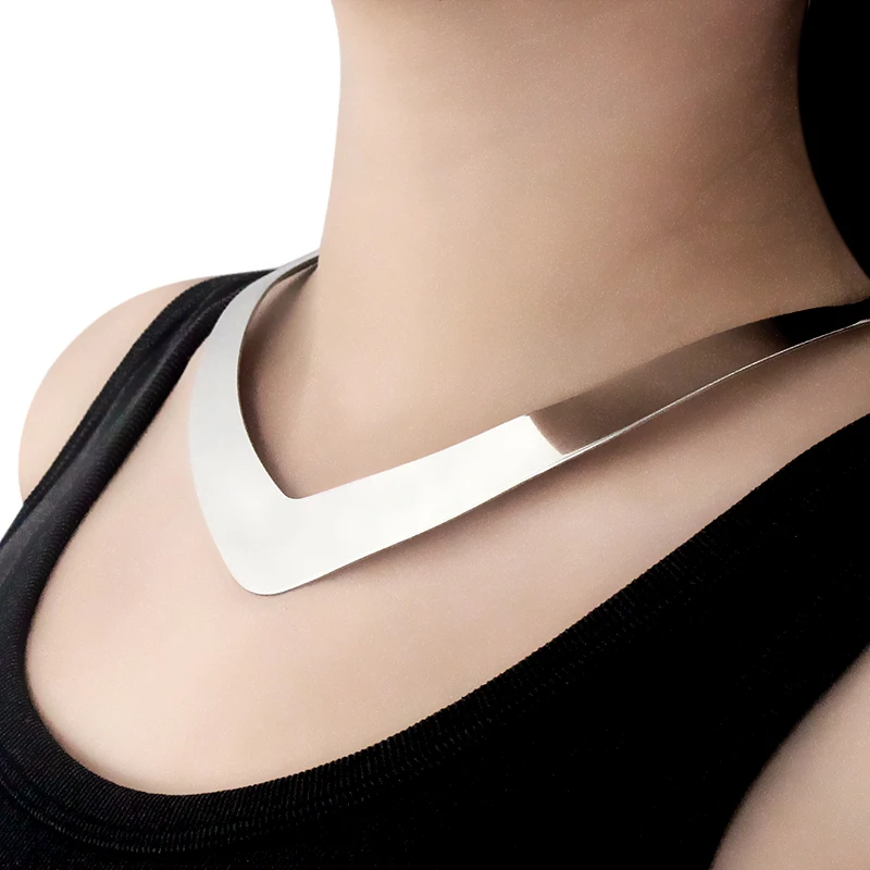 Fashion Jewelry Stainless Steel Necklaces V Shape Bib Collar Torques Necklaces Silver Color For Women Bohemian Short Necklace
