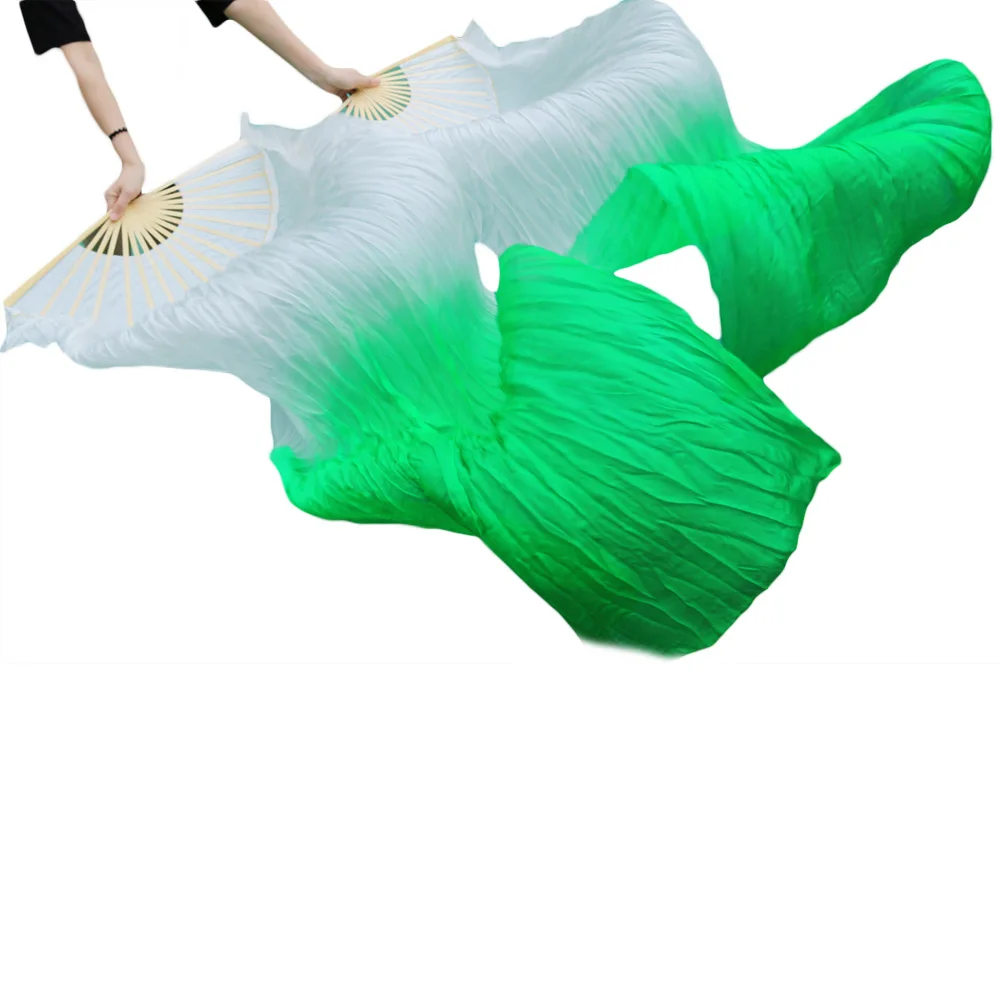 100% Silk Fans Handmade Dyed High Quality Silk Veils Dance Fans 1 Pair Left+Right Hand Belly Dancing Fans White + Green 180*90cm