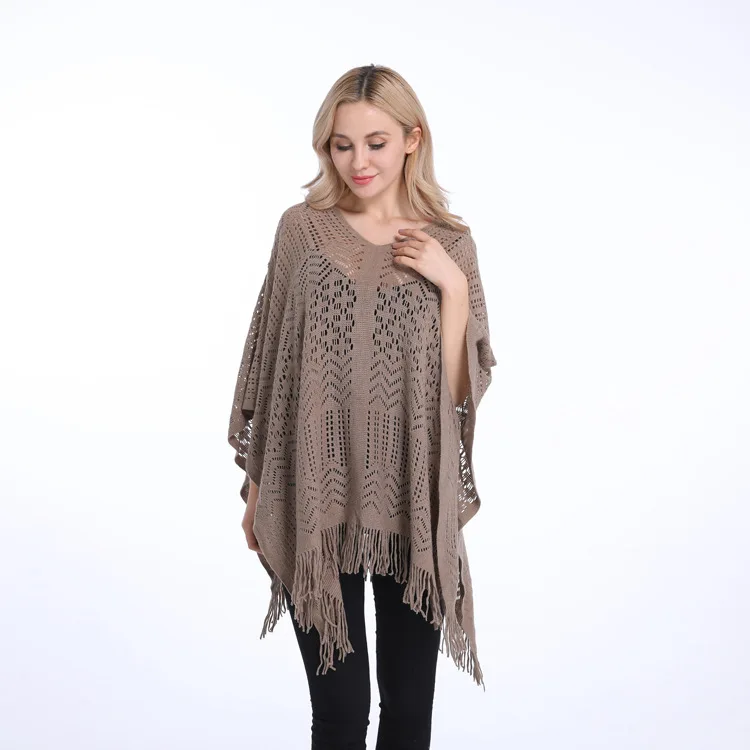 New Casual Women Shawl Fashionable Poncho Cotton Knitted Sweater Hollow Tassel Plus Size Pullover Woman Oversized Cover up