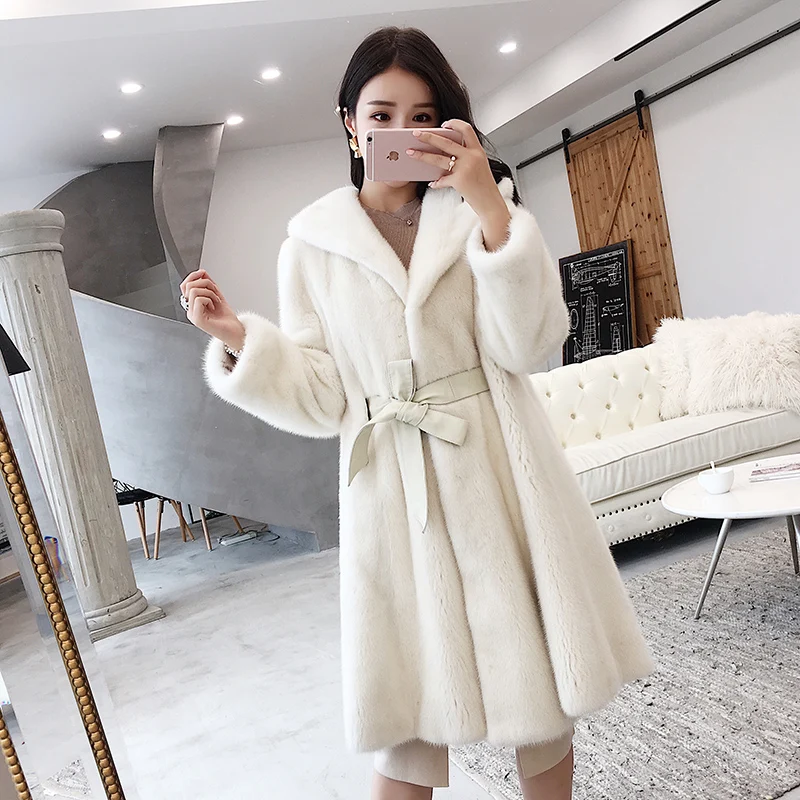 2024 New Real Natural Mink Whole Fur Women Long Coat With Hood  Winter Thick Slim Warm Female Mink Fur Hood Jacket