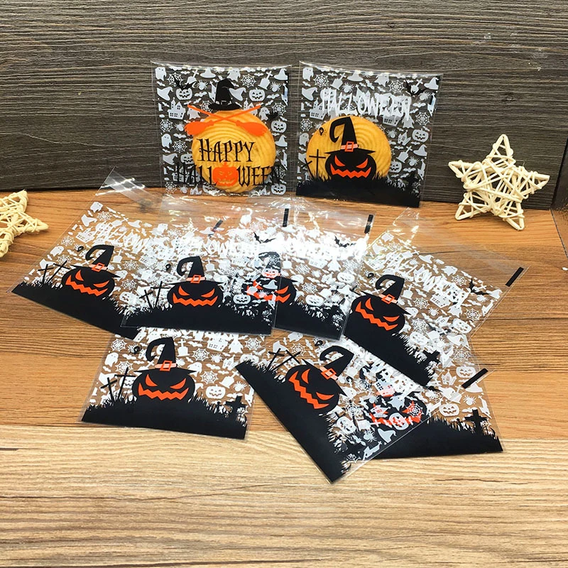 10X10+3cm 100pcs Happy Halloween Cookie Candy bread packaging bags self-adhesive plastic bags for biscuits snack baking package