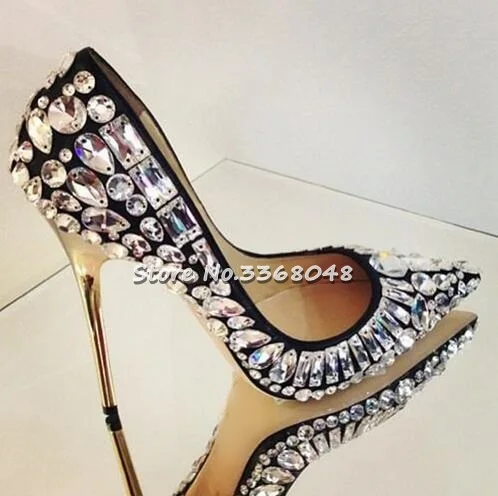 Luxury Black White Crystal Embellished Pumps Gold Stiletto Heels Jeweled Pumps Women Pointed Toe Beaded Bridal Wedding Shoes