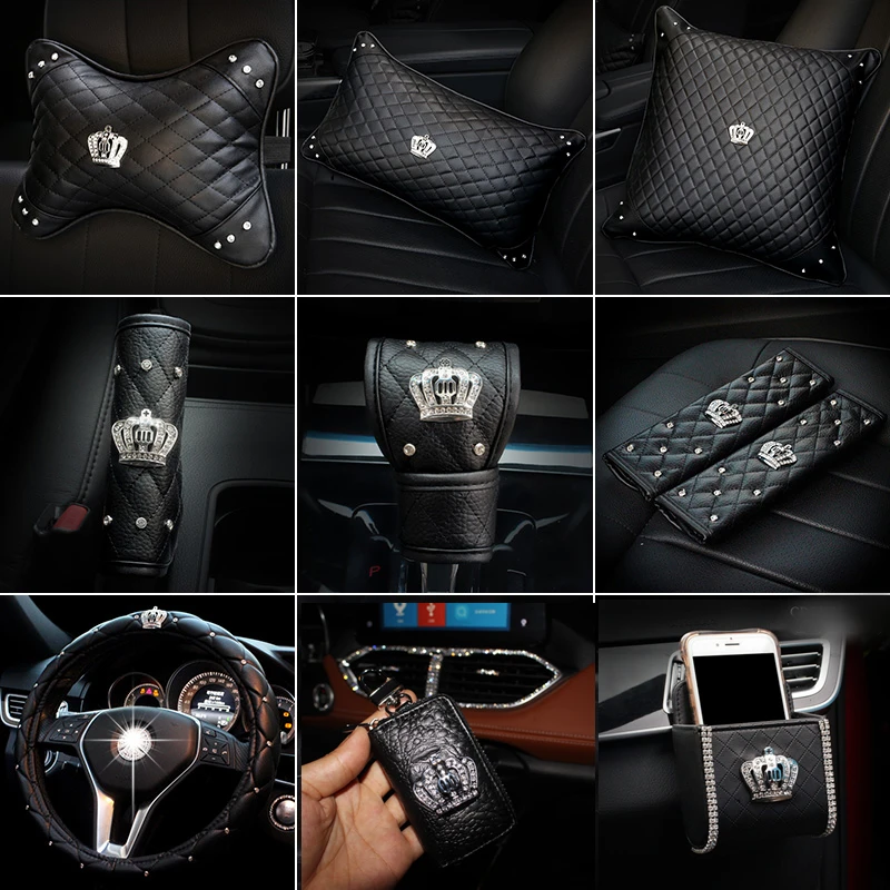 Bling crystal Crown Car key Case Bag High Quality Leather steering wheel cover outlet storage bag Atuo Interior Accessories Set