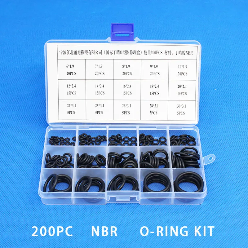 200pcs 15 Sizes O Rings Rubber O Ring Seal NBR Black Sealing O-rings Nitrile Washer Rubber o-ring set Assortment Kit Set Box