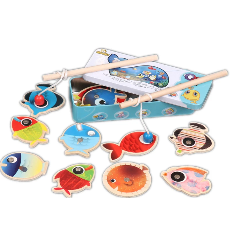 14Pcs Baby Toys Fishing Toys Wooden Magnetic Fish Toy Outdoor Toys Play with Kids Kindergarten Educational Funny Game Boys Girls