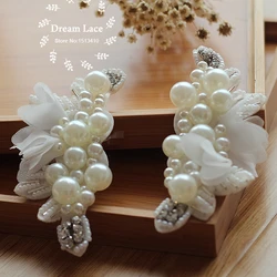 Patches 2 Pcs Pearl Beaded Applique Chiffon Leaves Corsage Collar Patch For Wedding Dress Shoulder Flowers Applique Patches