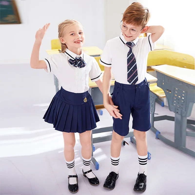 Kids School Uniform Children Summer Kindergarten Clothes British Style Chorus Clothing Short Sleeve 3pcs Shirt Skirt Tie D-0636