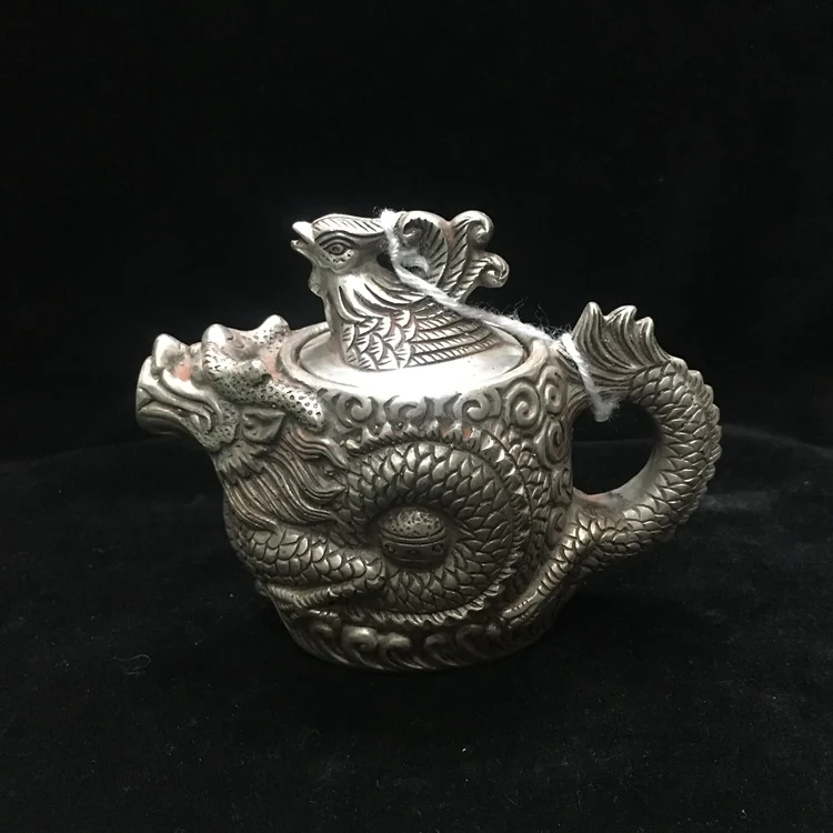 

Antique QingDynasty Handmade silver Embossed dragon teapot / jug 2,Hand-carved crafts,best collection& adornment