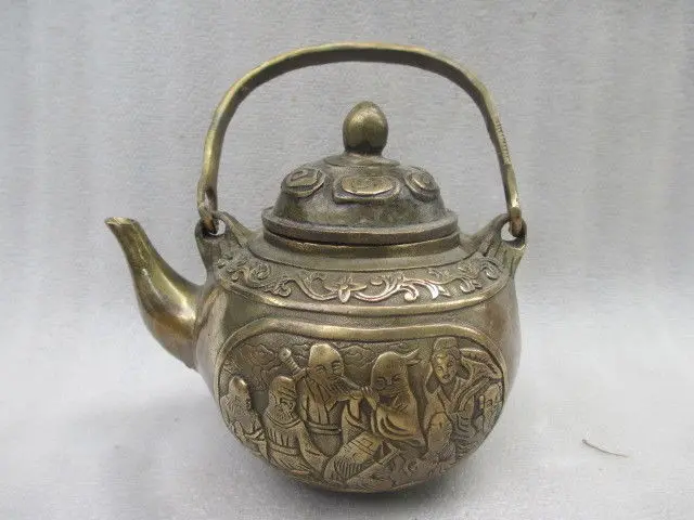 

Elaborate Chinese old copper hand-carved mythical figure eight immortals teapot