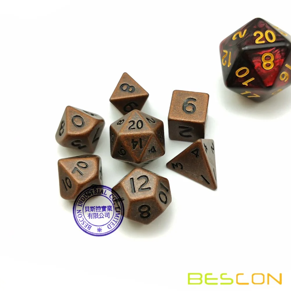 Bescon conjunto de mini dados de metal, 10mm, metal sólido, cobre antigo, mini metálico em poliéster, d & d, rpg, miniatura, 7 conjuntos