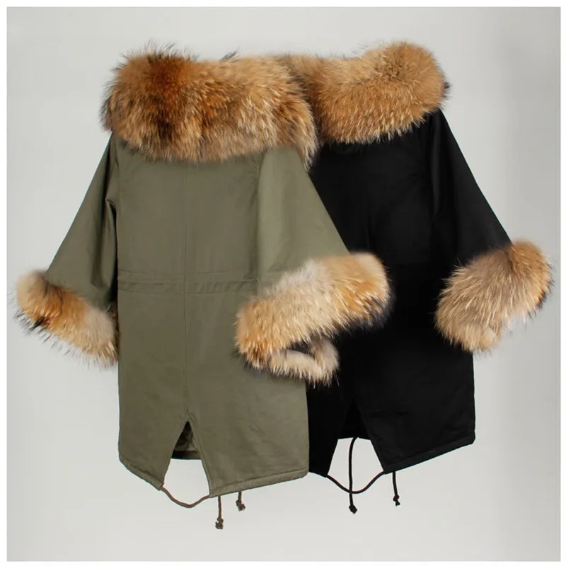 Women Winter Coat Jacket Raccoon Large Fur Collar Army Green Casual Overcoat Flare Sleeve Cloak Cotton-padded Outerwear