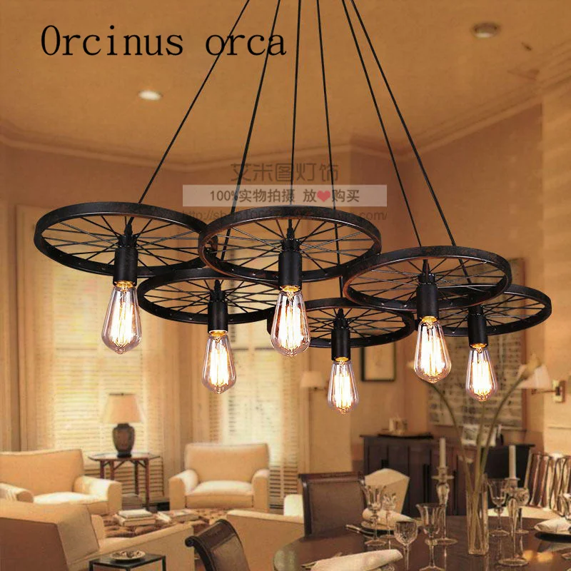 

American Restaurant Cafe Bar Iron Lamp Retro chandelier creative clothing wheel free shipping