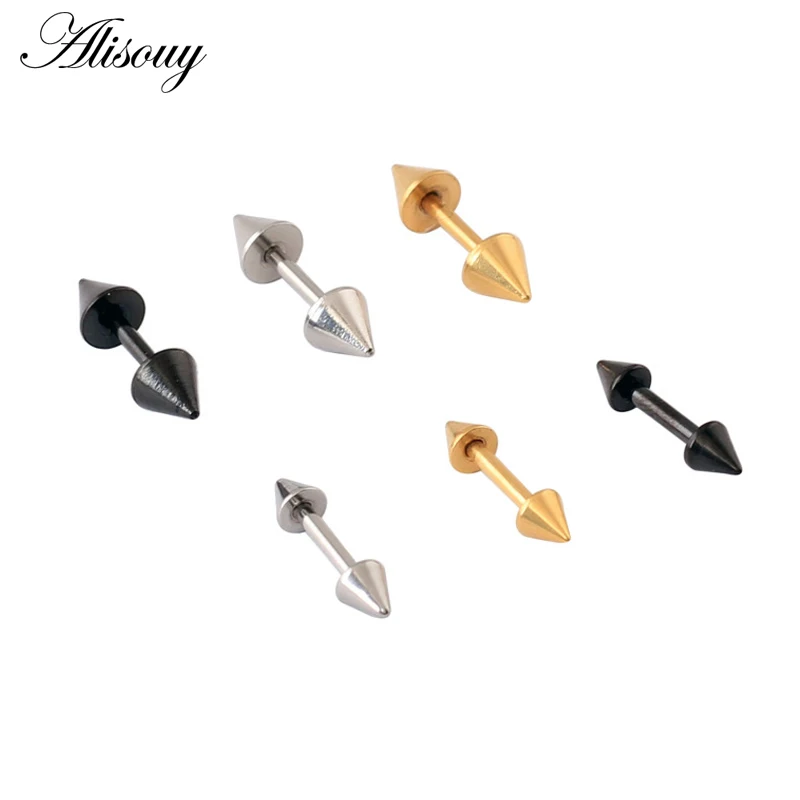 Alisouy Hot 2 Pcs Unisex Punk Rock Personality Stainless Steel Spike Rivet Sharp Cone Taper Mem Women Stud Earrings 3 Colors