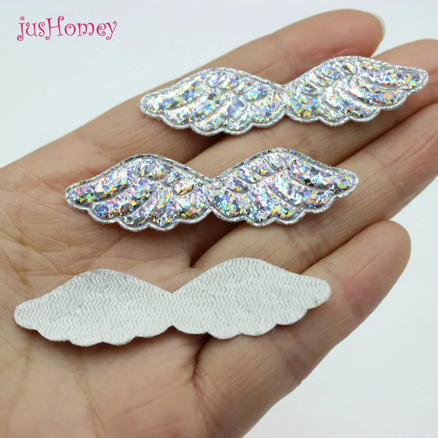 100pcs/lot AB iridescent Silver Angel's Wings Felt Appliques Fabric Satin Patch for Baby Clothing Headwear