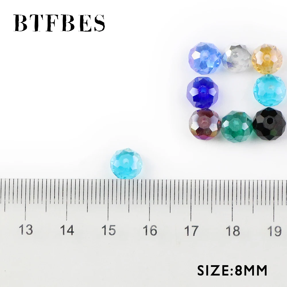 BTFBES Austrian Crystals 8mm 50pcs Faceted Flat Round glass Ball Loose Beads For Jewelry Bracelet earring Making Accessories DIY