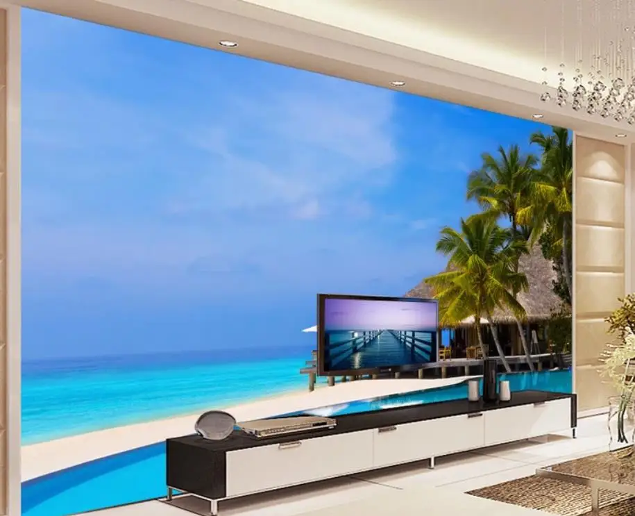 

3d Настенные обои на заказ, Мальдивы, море, хижины, кокосовые деревья, пейзаж, фон для гостиной, обои, 3D живопись, настенная живопись