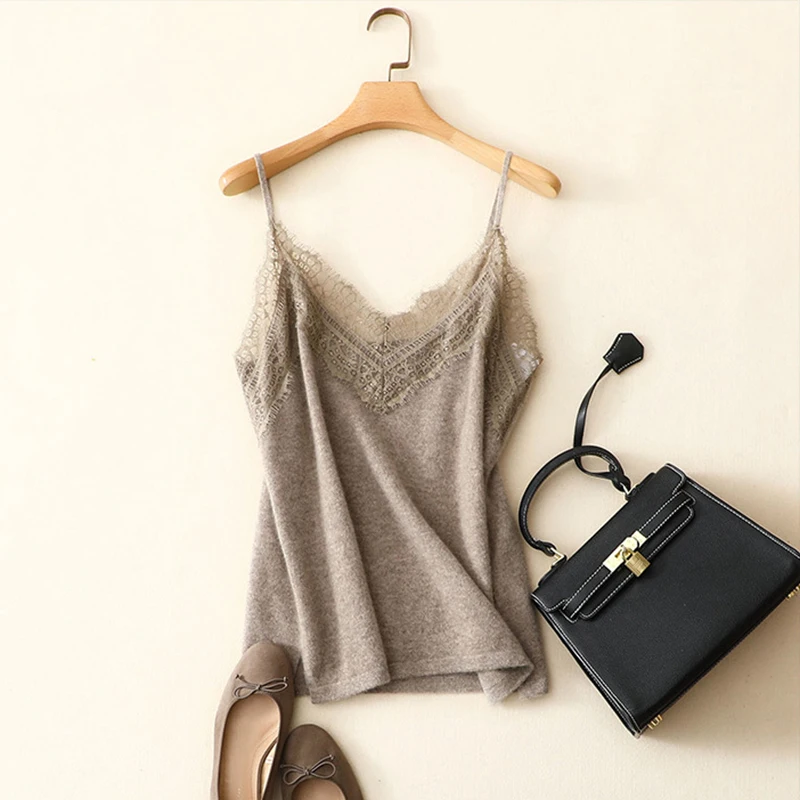 

100% Cashmere Knitted Lace Neck Tank Top Vest Women Basic Clothing Solid Tops 4 Colors Cacual Style Spring New Fashion 2019