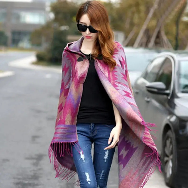 Ladies Warm Winter Hooded Wrap Poncho Wool Scarves Lush Cape,Mantle Ponchos And Capes Aztec Outwear Casacos Femininos Tippet