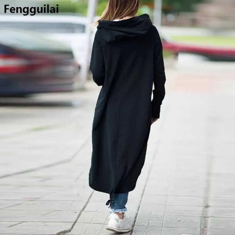 Women Hooded Long Sleeve Zipper Drawstring Casual Irregular Coat Casual Solid Long Jacket Sweatshirt