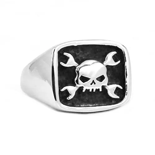 Fashion Wrench Skull Biker Ring 316L Stainless Steel Jewelry Spanner Motor Biker Mens Ring SWR0514A