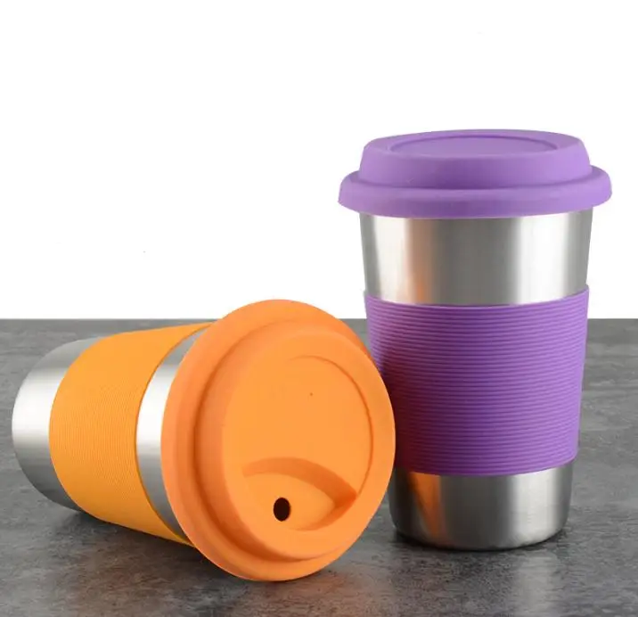 

100pcs 500ml Stainless Steel Cup Travel Car Mug Portable Tea Coffee Beer Hand Cup With Silicone Cover Cap Anti-scald SN1099