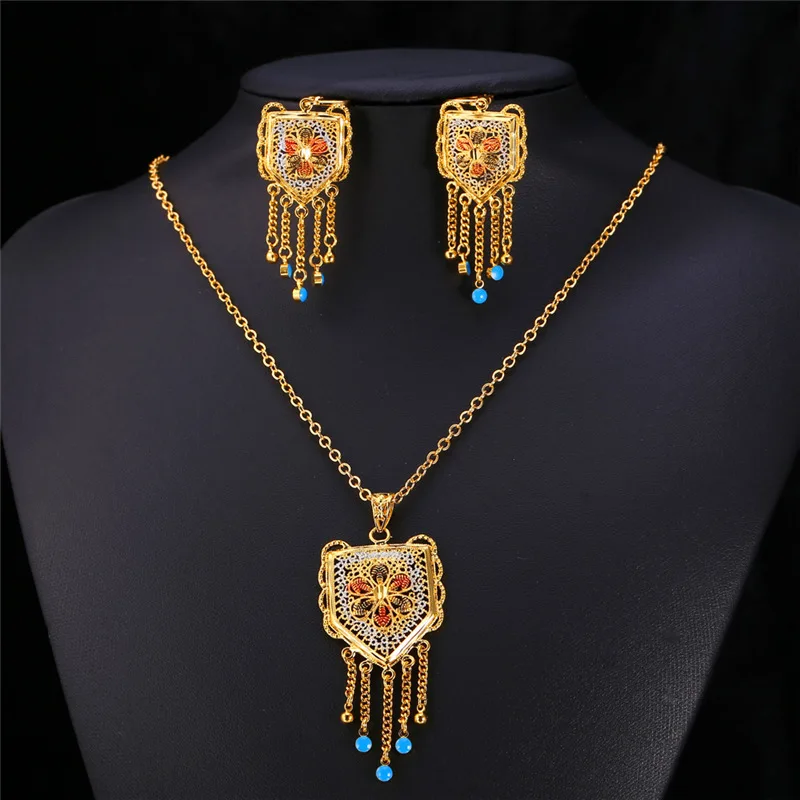 U7 Wedding Accessories Tassels Long Necklace Set Gold Color Trendy Party Long Earrings Indian Jewelry Set For Women S631