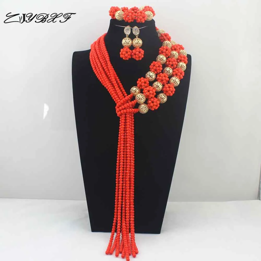 

African Long Orange Beads Necklace Sets Nigerian Orange Crystal Balls Women Fashion Jewellery Sets Free Shipping L0060