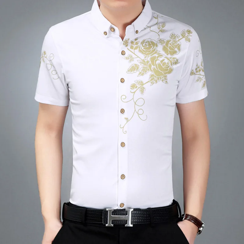 2017 New Cheap Fashion Floral Mens Shirts Summer Short Sleeve Male Shirt Formal Flower Printed Dress Shirts for Men