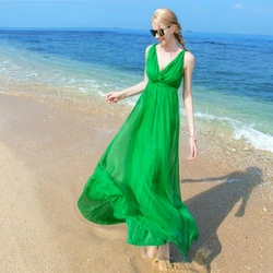 Women Silk dress Long Beach dress Shell 100% Natural Silk Solid dress summer dresses V-Neck Sleeveless Free Shipping HOT Sell