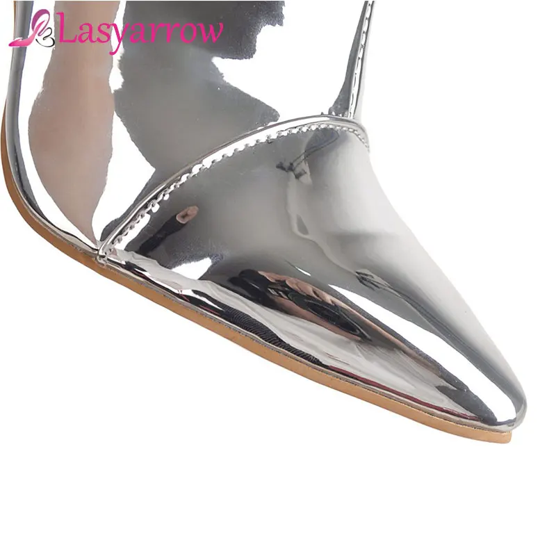 Lasyarrow Patent Leather Over The Knee Slim Long Boots Sexy Thin High Heel Thigh High Stiletto Boots Ladies Dress Shoes Silver