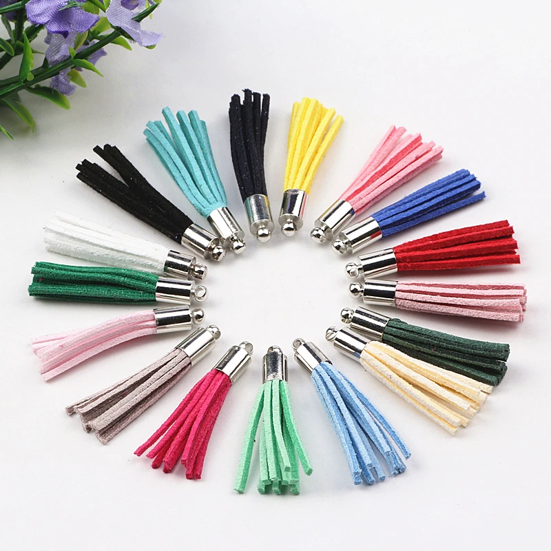 

100pcs Mix Color 35mm Suede Tassel For Keychain Cellphone Straps Jewelry Charms Leather Tassels With Copper Caps Diy Accessories