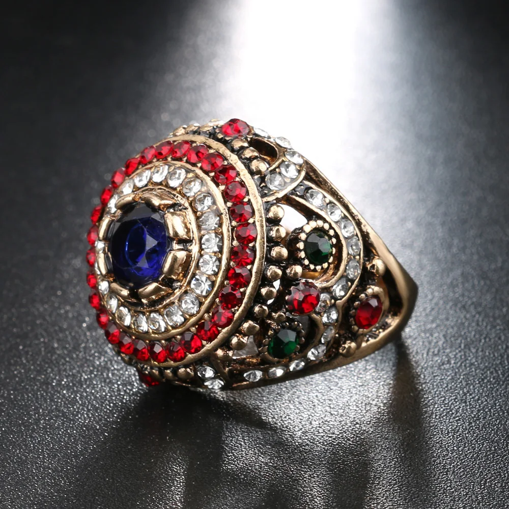 Kinel New Arrival Dubai Gold Antique Ring For Women Bohemian Blue Resin Inlay Crystal Punk King Ring Vintage Jewelry