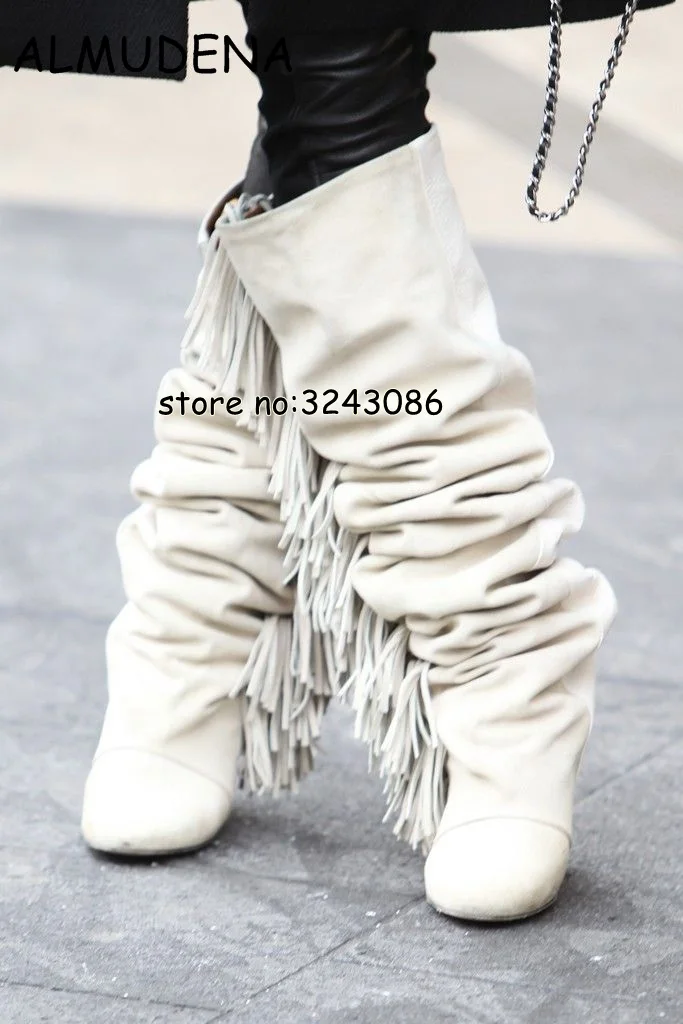 High Top Suede Black White Fringed Woman Knee High Boots Pointed Toe Hidden Wedge Lady Fashion Long Boots Height Increasing