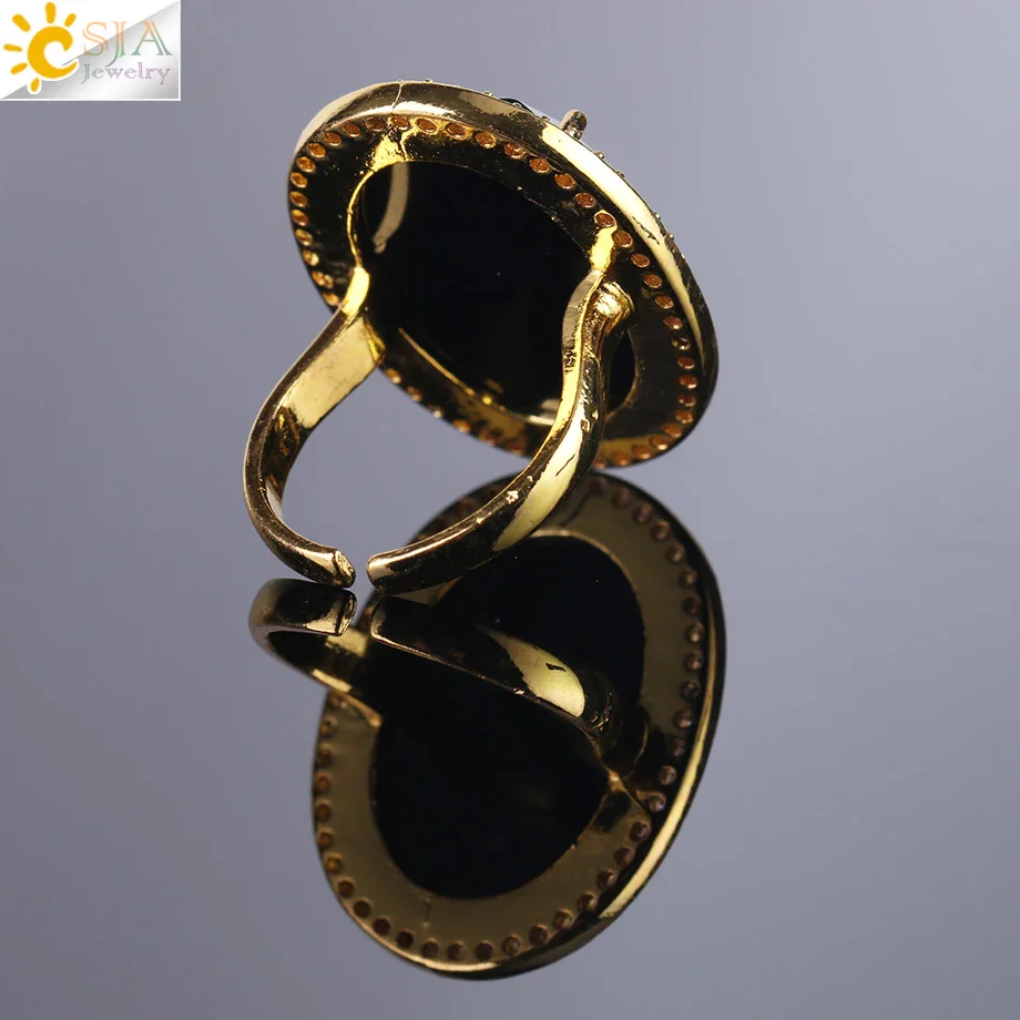 CSJA Natural Gem Stone Faceted Opening Adjustable Ring Gold Color Plated Crystal CZ Zircon Rhinestone Rings for Women Men F458