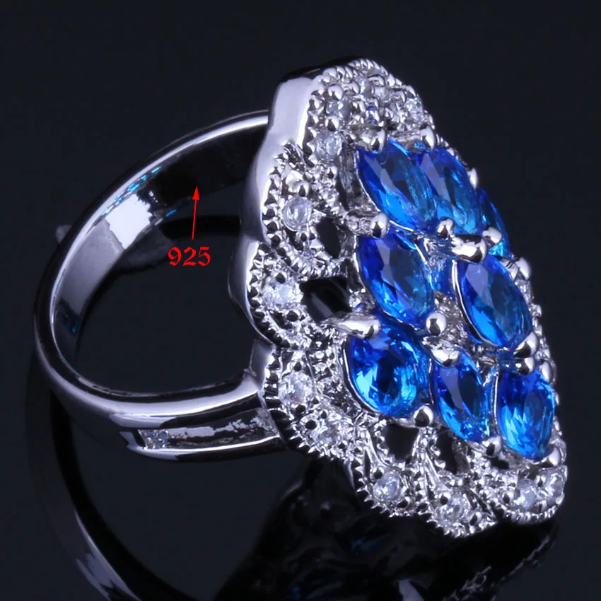 Candy Oval Blue Cubic Zirconia White CZ Silver Plated Ring V0591