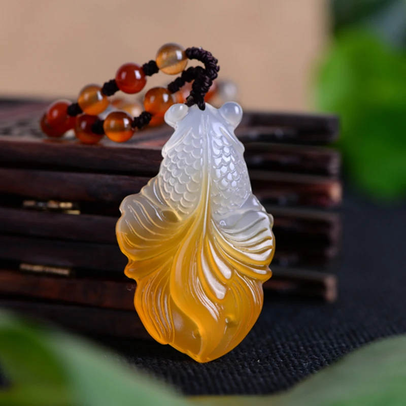 

QIANXU Chalcedony Gold Fish Jade Necklace Pendant Hand Carved Lucky Blessing Necklace Pendant Fine Jewelry